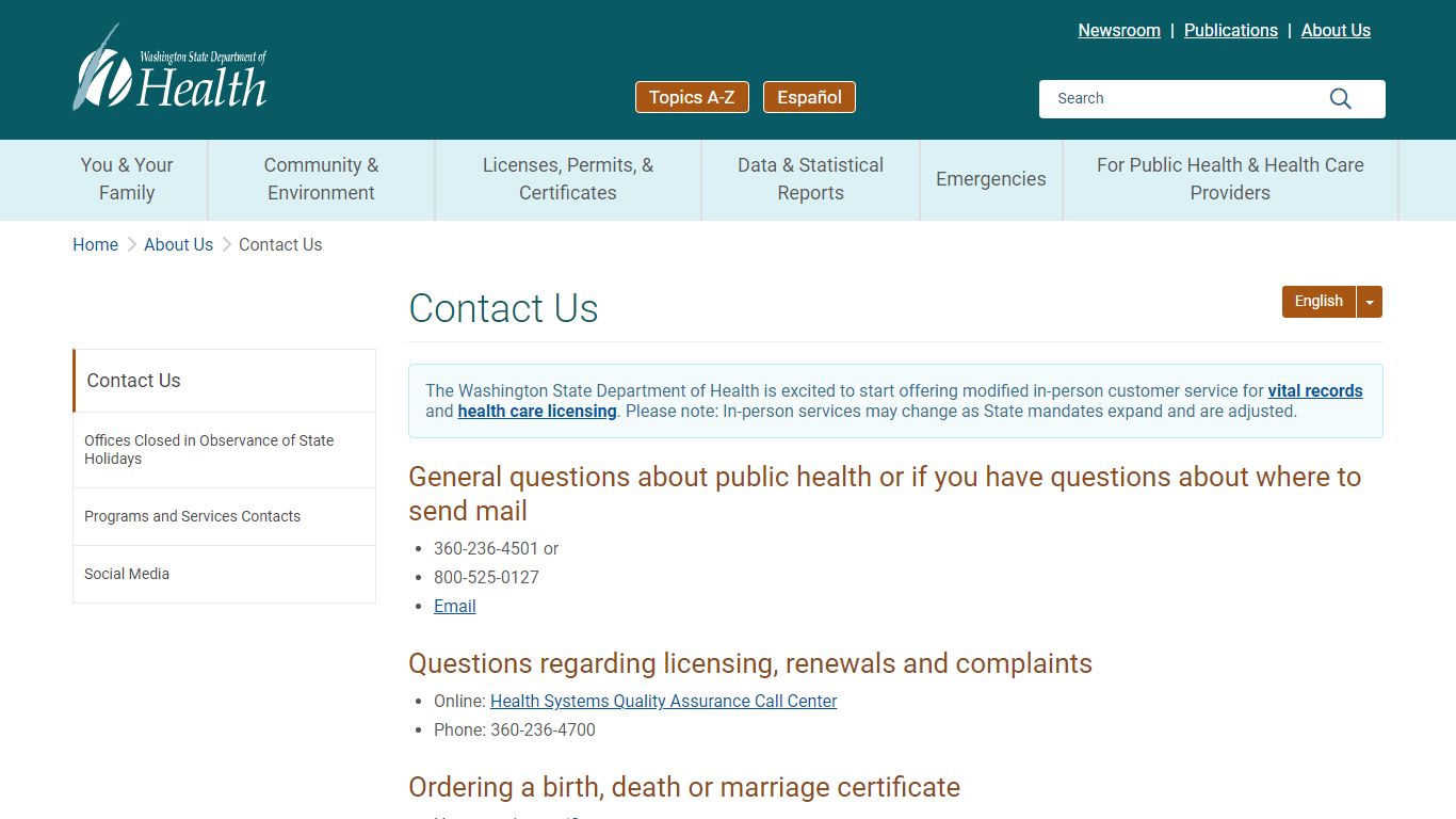 Contact Us | Washington State Department of Health