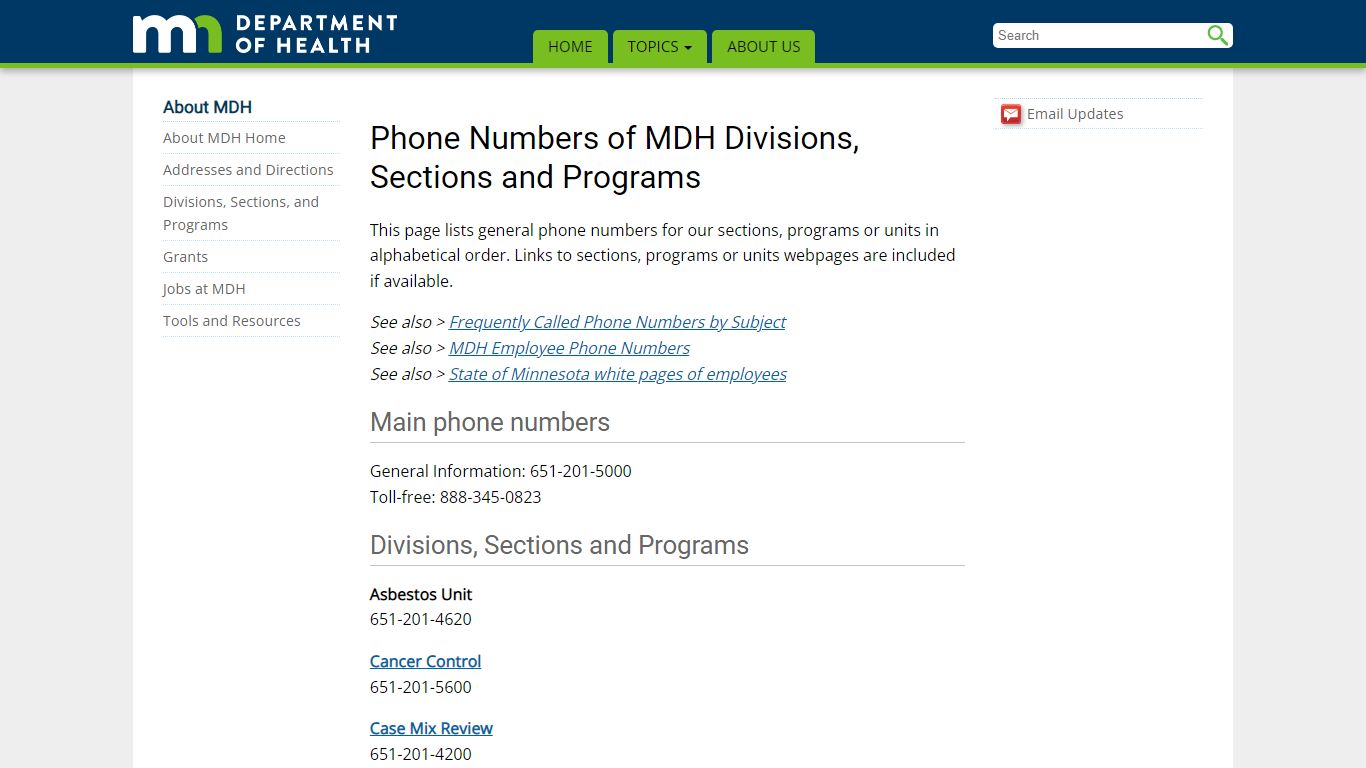Phone Numbers of MDH Divisions, Sections and Programs